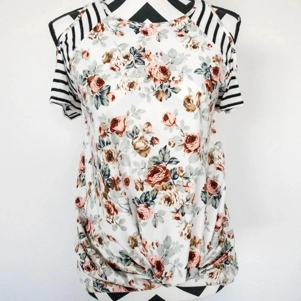 Floral and Striped Cold Shoulder Tank Top